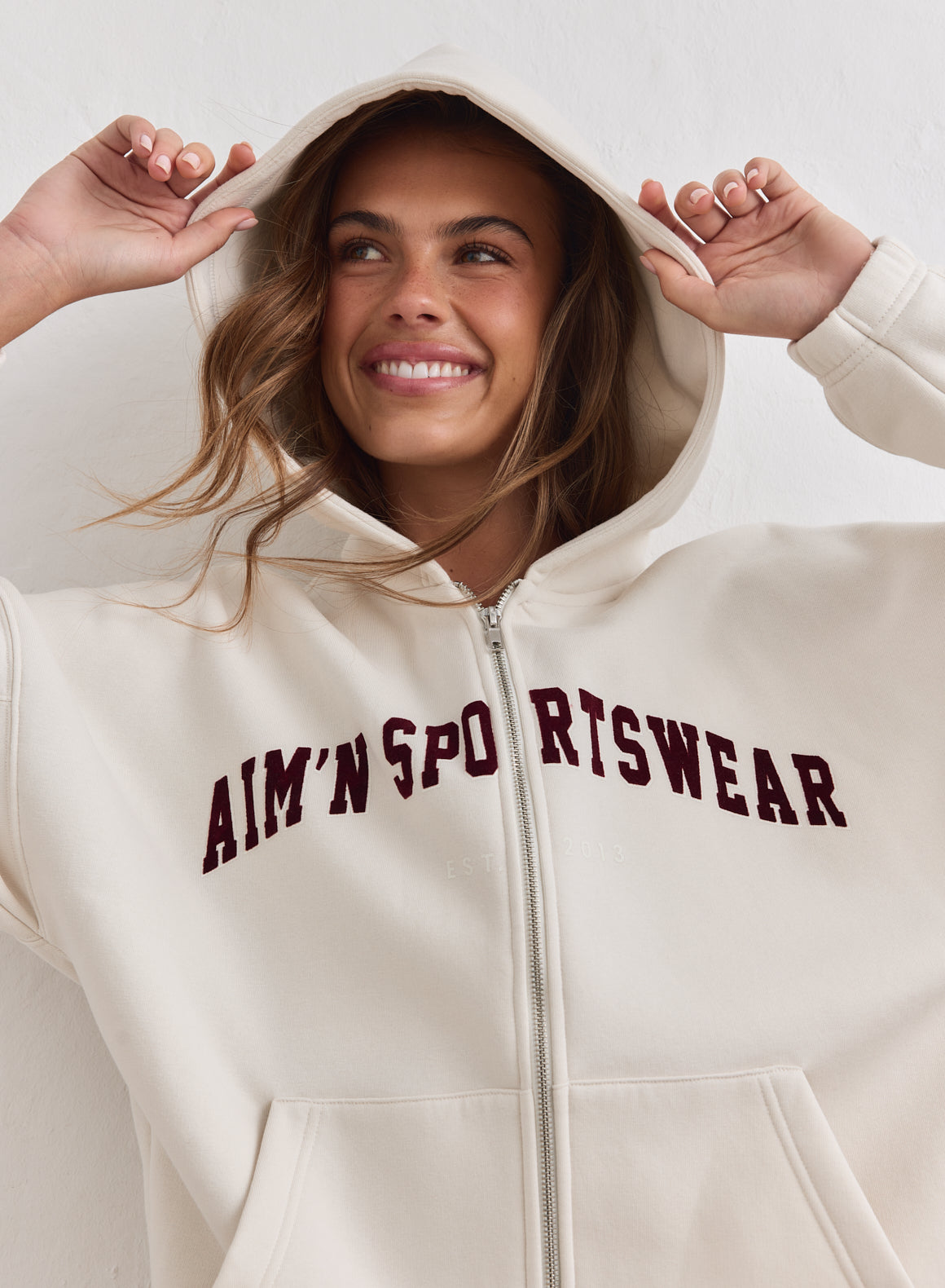 Cream Varsity Sweat Zip Hood – AIM'N