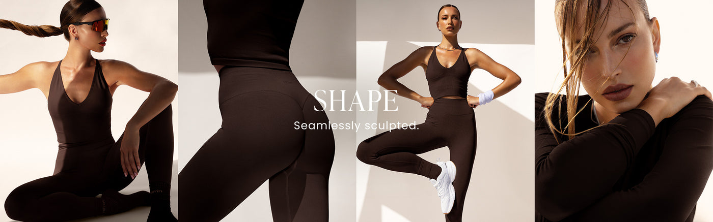 Model posing in Chocolate Shape seamless top and leggings