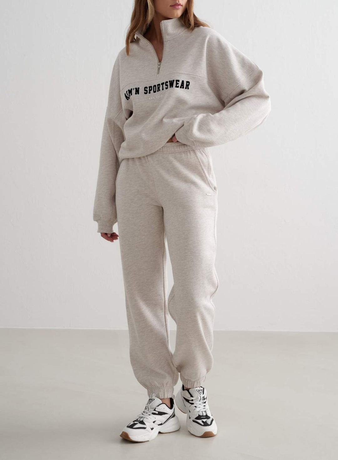 Beige Melange Varsity Sweat Half Zip – AIM'N