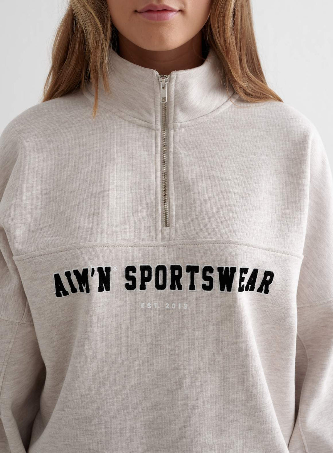 Beige Melange Varsity Sweat Half Zip – AIM'N
