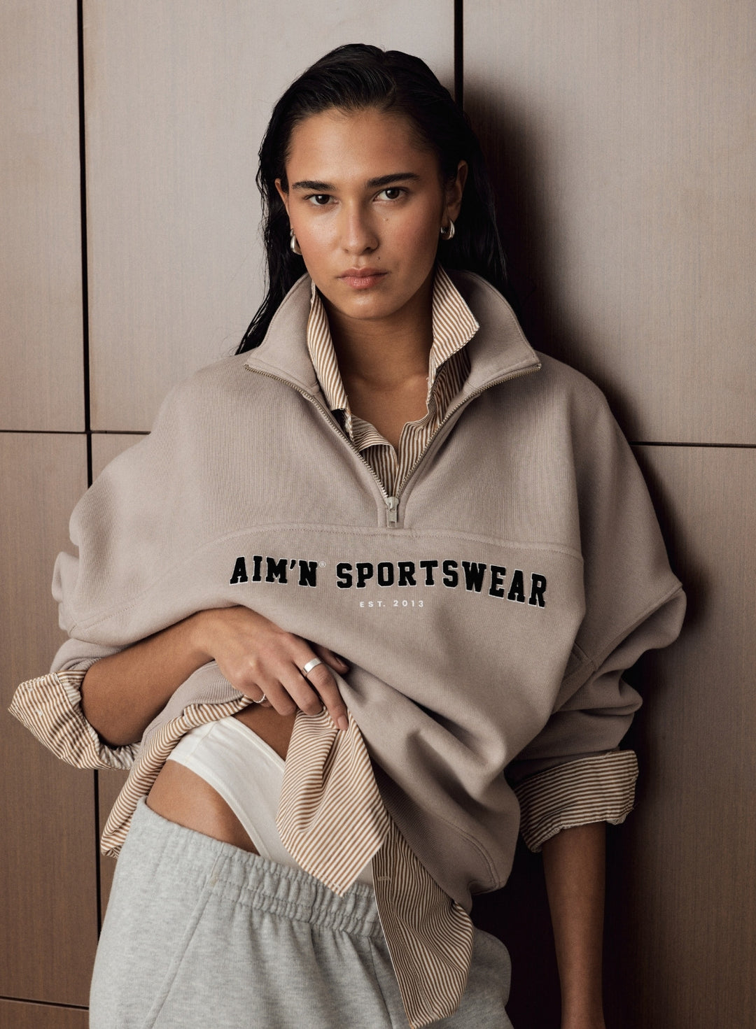 Dark Clay Varsity Sweat Half Zip – AIM'N